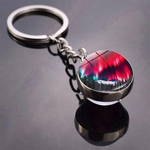 Aesthetic Aurora Northern Lights Double Sided Glass Ball Pendant Metal Keychain Zinc Alloy Key Ring For Women Men Jewelry Gift