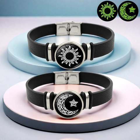 Leuchtendes Sonne Mond Paar Armband Legierung Glas Lederband Glow In The Dark Mode Armband Für Liebhaber Männer Frauen