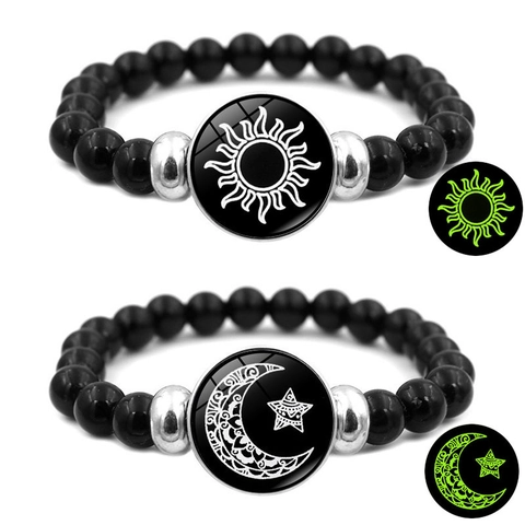 Luminous Resin Glass Alloy Beaded Bracelet Sun Moon Pattern Night Glow Elastic Hand String Minimalist Couple Jewelry