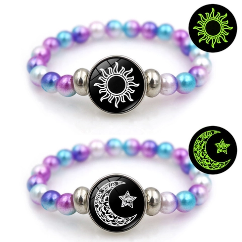 Luminous Sun Moon Beaded Bracelet Glow In The Dark Resin Glass Couple Wristband Colorful Gradient Bead Bracelet Jewelry For Men Women