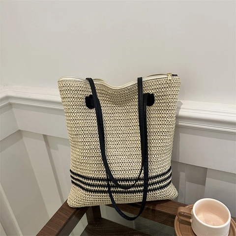 Stro Geweven Tote Bag Grote Capaciteit Zomervakantie Schoudertas Voor Dames Gestreept Ontwerp Met Ritssluiting Casual