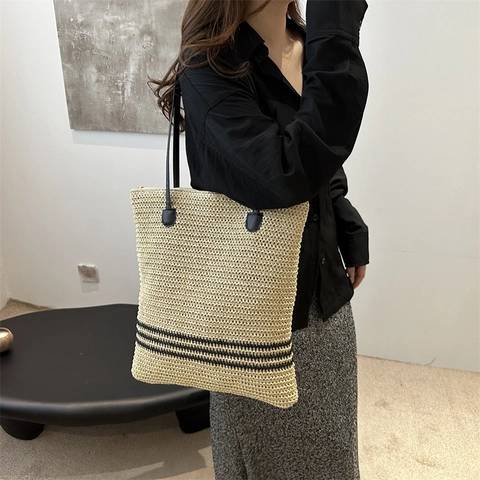 Women Large Capacity Straw Woven Tote Bag Summer Beach Striped Handwoven Shoulder Bag Minimalist Commute Vacation Handbag
