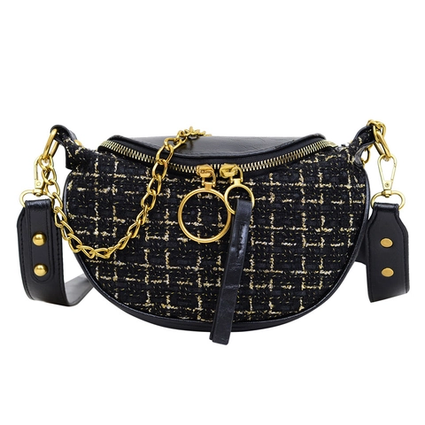 Women's Elegant Tweed PU Patchwork Saddle Bag With Metal Chain Ring Zipper Shoulder Crossbody Bag Vintage Versatile Fashion Handbag