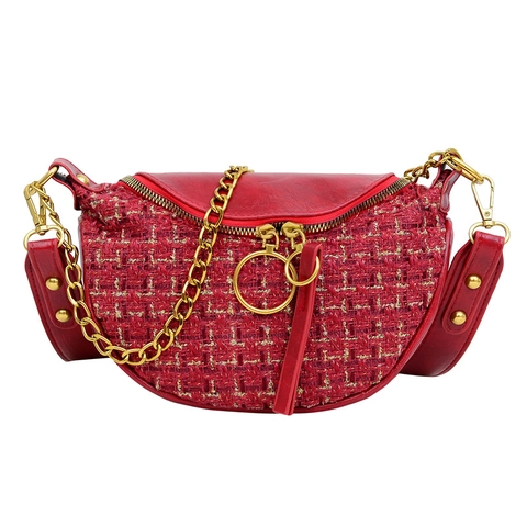 Women's Elegant Tweed PU Patchwork Saddle Bag With Metal Chain Ring Zipper Shoulder Crossbody Bag Vintage Versatile Fashion Handbag