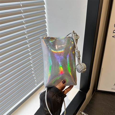 Moderne Damen Metallic Plissee PU Leder Mini Umhängetasche Holografische Laser Handytasche Mit Geflochtenem Ball Knot Gurt