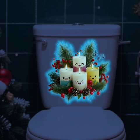Autocollant De Toilette De Noël PVC Lumineux Bougie De Dessin Animé Aiguille De Pin Décalcomanie Murale Brille Dans Le Noir