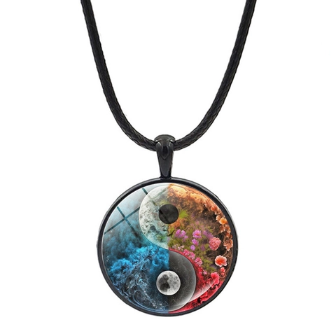 Artistic Yin Yang Tai Chi Glass Pendant Necklace Vintage Time Gem Galaxy Flower Dragon Pattern Necklace Jewelry For Women Men
