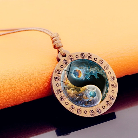 Vintage Wooden Yin Yang Tai Chi Pendant Necklace Artistic Nebula Glass Cabochon Engraved Wood Frame Adjustable Braided Cord Ethnic Zen Jewelry