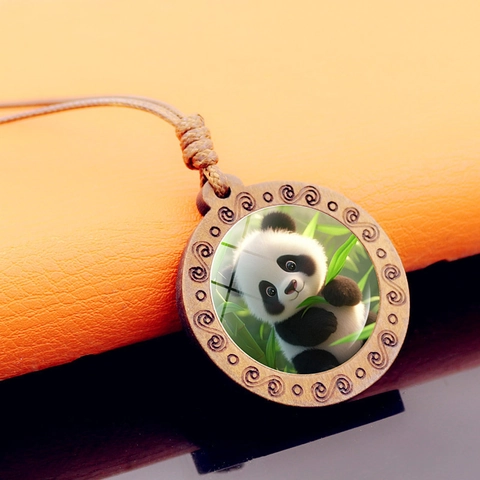 Vintage Wooden Round Pendant Necklace Cartoon Panda Bamboo Pattern Adjustable Long Braided Rope Wax Chain Ethnic Jewelry For Women Men