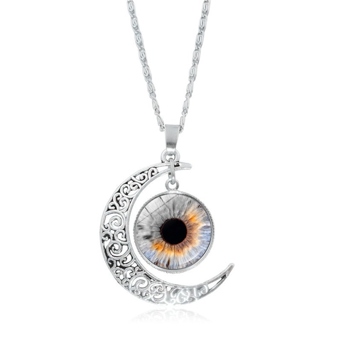 Vintage Alloy Hollow Crescent Moon Evil Eye Pendant Necklace With Glass Iris Time Gem Gothic Fantasy Jewelry For Women Unisex