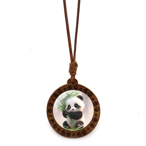 Vintage Wooden Round Pendant Necklace Cartoon Panda Bamboo Pattern Adjustable Long Braided Rope Wax Chain Ethnic Jewelry For Women Men