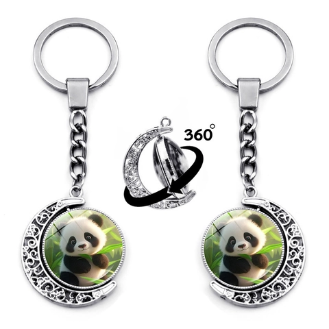 Porte-clés Panda Rotatif Croissant de Lune Argent Alliage de Zinc Verre Pendentif Ajouré Charme de Sac Cadeau Femme Enfant