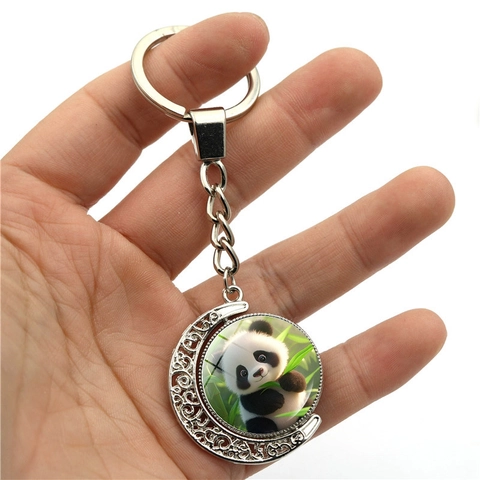 Porte-clés Panda Rotatif Croissant de Lune Argent Alliage de Zinc Verre Pendentif Ajouré Charme de Sac Cadeau Femme Enfant