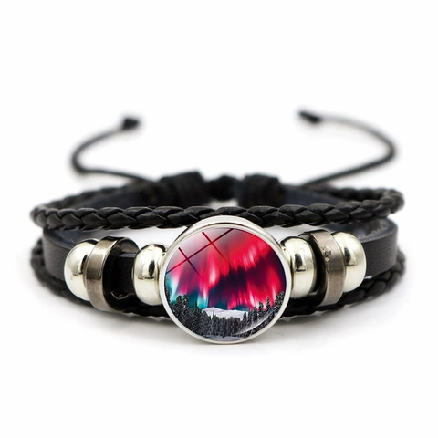 Unisex Meerlagige Geweven Kunstleren Armband Noorderlicht Aurora Galaxy Sterrenhemel Glas Cabochon Verstelbare Vintage Sieraden Cadeau