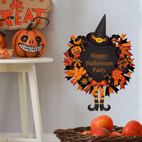 Halloween Wreath Wall Sticker Pumpkin Witch Hat Pattern Self Adhesive PVC Decal For Festive Party Home Decor Background