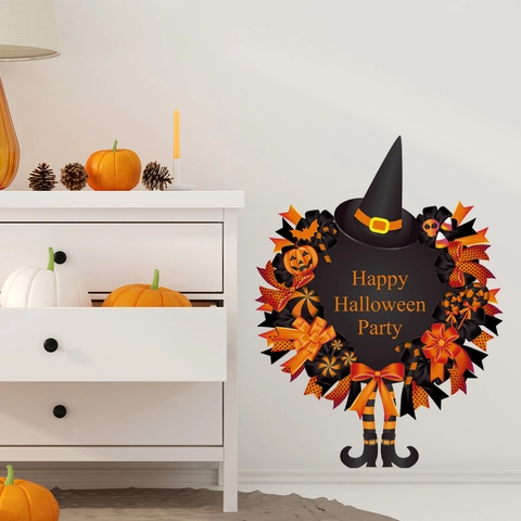 Halloween Wreath Wall Sticker Pumpkin Witch Hat Pattern Self Adhesive PVC Decal For Festive Party Home Decor Background