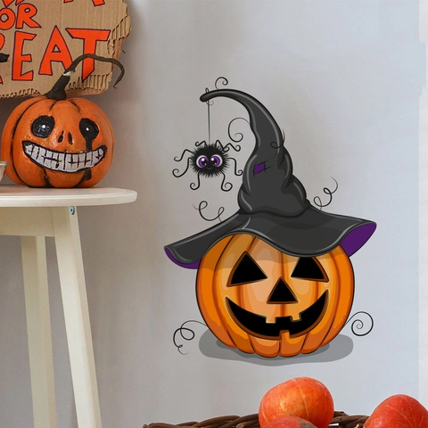 Adhesivo de Pared de Calabaza de Halloween Sombrero de Mago PVC Calcomanía Removible para Sala de Estar Cocina Decoración