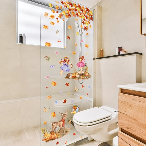 Autumn Window Stickers PVC Double Sided Visible Maple Leaf Fairy Decals Waterproof Self Adhesive Harvest Thanksgiving Decor