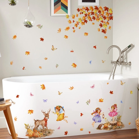 Autumn Window Stickers PVC Double Sided Visible Maple Leaf Fairy Decals Waterproof Self Adhesive Harvest Thanksgiving Decor