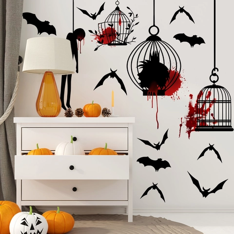 Αυτοκόλλητα Τοίχου Halloween Τρόμου Ματωμένη Παλάμη Νυχτερίδα Κλουβί Πουλιών Σιλουέτες PVC Αυτοκόλλητο Για Στοιχειωμένο Σπίτι