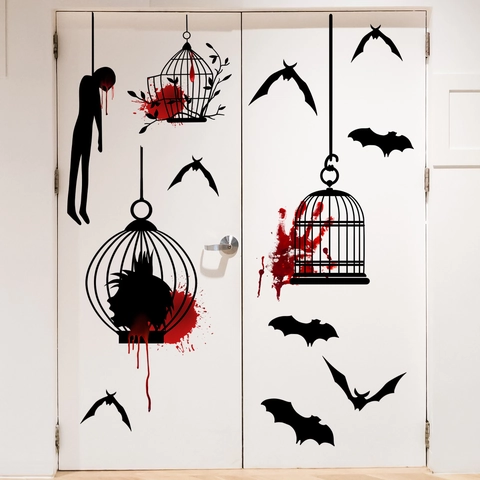 Αυτοκόλλητα Τοίχου Halloween Τρόμου Ματωμένη Παλάμη Νυχτερίδα Κλουβί Πουλιών Σιλουέτες PVC Αυτοκόλλητο Για Στοιχειωμένο Σπίτι