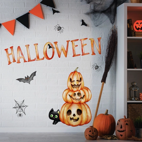 Halloween Wall Stickers PVC Self Adhesive Pumpkin Black Cat Bat Spider Web Decal For Living Room Bedroom Party Decoration