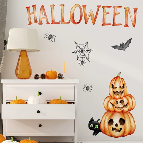 Halloween Wall Stickers PVC Self Adhesive Pumpkin Black Cat Bat Spider Web Decal For Living Room Bedroom Party Decoration