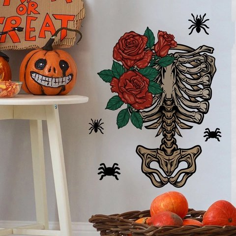 Halloween Wandaufkleber Skelett Rippenkäfig Rote Rosen Spinnen PVC Abnehmbar Gothic Deko