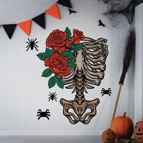Halloween Wandaufkleber Skelett Rippenkäfig Rote Rosen Spinnen PVC Abnehmbar Gothic Deko