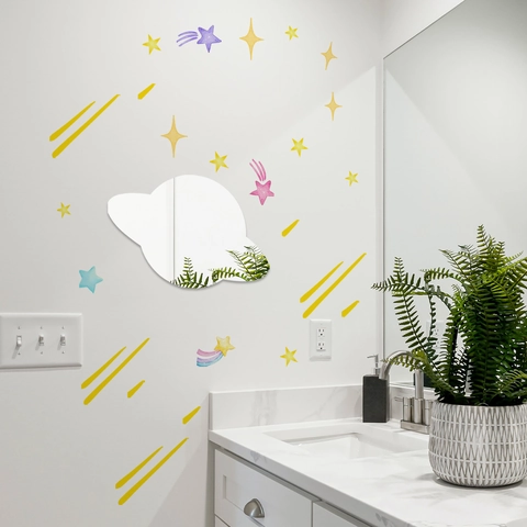 Combinaison Sticker Mural Planète Météore Dessinée à la Main Décoration Miroir Acrylique Saturne pour Chambre d'Enfant Maison