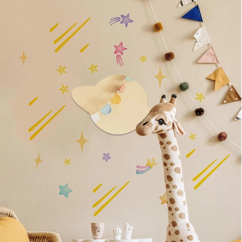 Combinaison Sticker Mural Planète Météore Dessinée à la Main Décoration Miroir Acrylique Saturne pour Chambre d'Enfant Maison