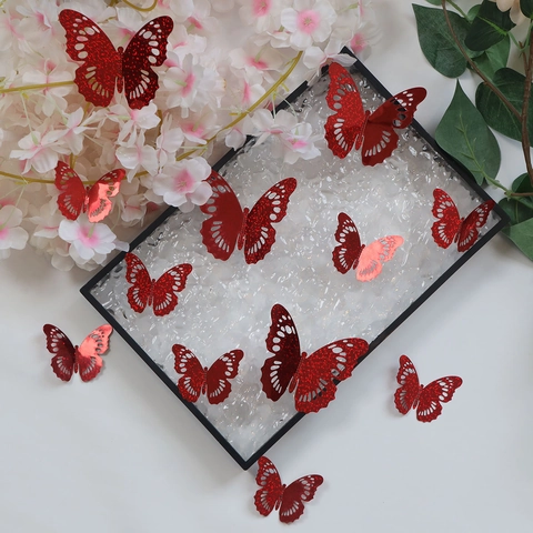 3D Hollow Red Mirror Glitter Butterfly Wall Stickers For Living Room Bedroom Christmas Wedding Home Decor Decoration