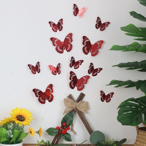 3D Hollow Red Mirror Glitter Butterfly Wall Stickers For Living Room Bedroom Christmas Wedding Home Decor Decoration