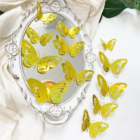 3D Hollow Butterfly Wall Stickers Mirror Effect Glitter Decorative Decals For Living Room Bedroom Wedding Party Decor