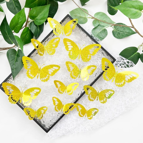 3D Holle Vlinder Muurstickers Metallic Regenboog Vlinder Stickers Voor Woonkamer Slaapkamer Huis Decoratie
