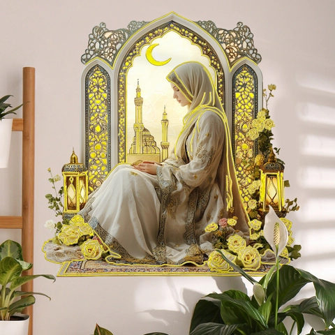 Sticker Mural Islamique Ramadan PVC Fille Musulmane Priant Mosquée Croissant de Lune Rose Fleur DIY Murale Décoration Maison