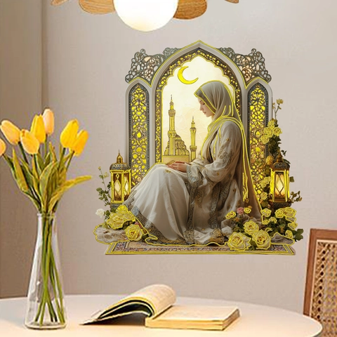 Sticker Mural Islamique Ramadan PVC Fille Musulmane Priant Mosquée Croissant de Lune Rose Fleur DIY Murale Décoration Maison
