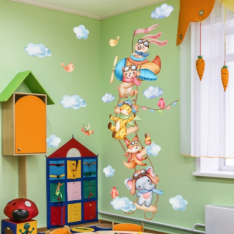 Sticker Mural Animaux Dessin Animé Aquarelle Pour Chambre d'Enfant Chambre DIY Amovible PVC Décoration Crèche Avion Échelle de Corde