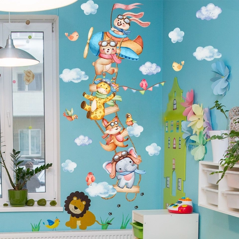 Sticker Mural Animaux Dessin Animé Aquarelle Pour Chambre d'Enfant Chambre DIY Amovible PVC Décoration Crèche Avion Échelle de Corde