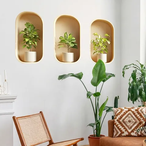 3D Grüne Topfpflanzen Wandaufkleber Holzstruktur PVC Selbstklebende Wandtattoos Drei Bögen Für Wohnzimmer Heimdekoration