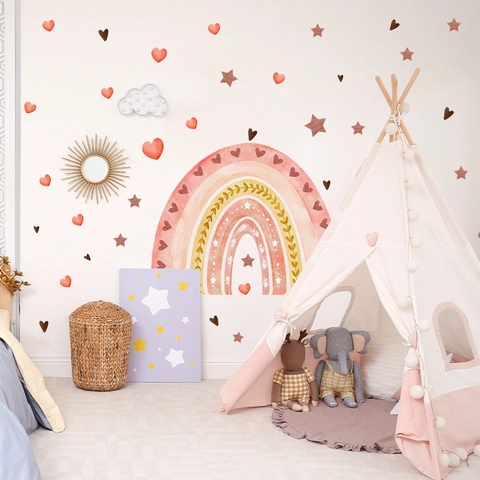 Stickers Muraux Grand Arc-en-Ciel Bohème PVC Aquarelle Cœur Étoile Décalcomanies pour Chambre d'Enfant Crèche Décoration Esthétique