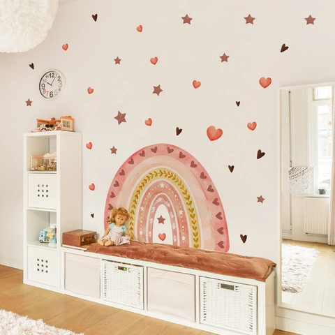 Stickers Muraux Grand Arc-en-Ciel Bohème PVC Aquarelle Cœur Étoile Décalcomanies pour Chambre d'Enfant Crèche Décoration Esthétique