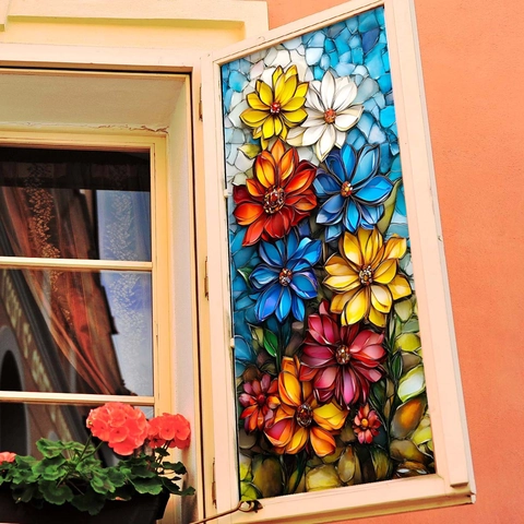 Adesivo Per Finestra Vetrate Pellicola Statica PVC Mosaico Floreale Colorato Doppia Faccia Visibile Impermeabile Arredo Casa