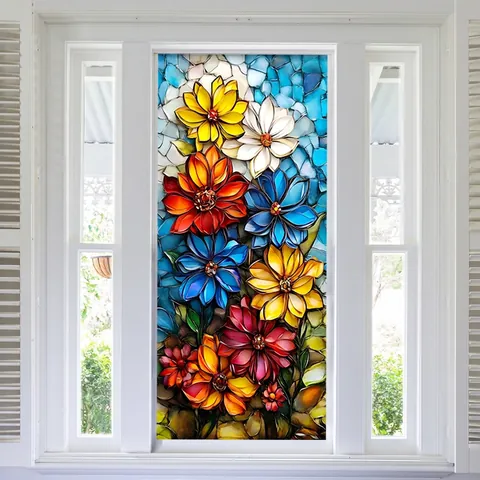 Adesivo Per Finestra Vetrate Pellicola Statica PVC Mosaico Floreale Colorato Doppia Faccia Visibile Impermeabile Arredo Casa