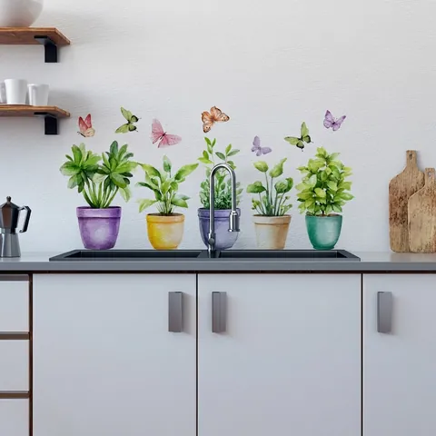 Aquarel Botanische Potplanten Vlinder Vensterstickers Waterdicht PVC Zelfklevend Tweezijdig Glas Decals Home Decor