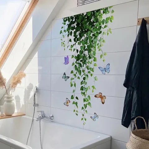 Green Vines Butterfly Window Stickers Double Sided Visible PVC Waterproof Self Adhesive Wall Decals For Home Glass Decor