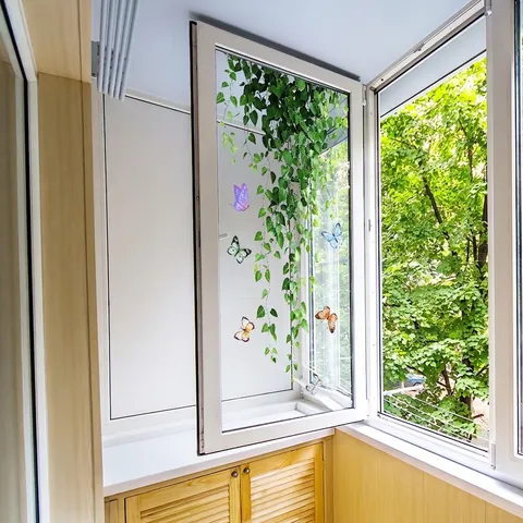 Green Vines Butterfly Window Stickers Double Sided Visible PVC Waterproof Self Adhesive Wall Decals For Home Glass Decor
