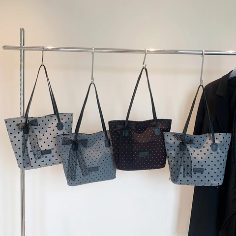 Women Large Capacity Canvas Tote Bag With Lace Bow Polka Dot Heart Pattern Vintage Shoulder Bag For Casual Travel Daily Use