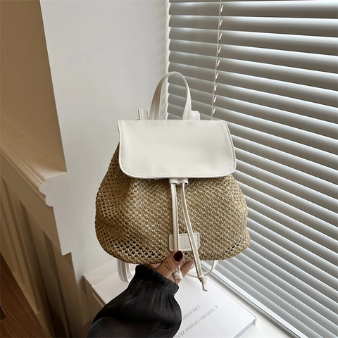 Zaino Intrecciato In Paglia Moda Donna Vacanze Estive Stile Boho Patchwork Pelle PU Coulisse Piccola Borsa Da Viaggio Estetica