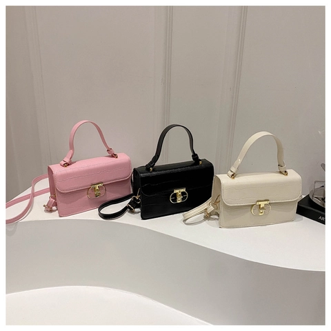 Women Crocodile Pattern PU Leather Small Square Bag Golden Metal Lock Top Handle Crossbody Shoulder Handbag